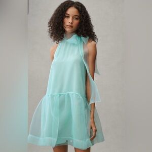 Sheer Bow-Neck Mini Dress in Light Aqua